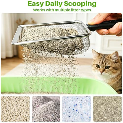 2 Pack Cat Litter Scoop with 3.8mm & 5mm Mesh – Stainless Steel Kitten Litter Scoop with 2 Adhesive Hooks, Metal Cat Poop Scooper for All Litter Types, Efficient Sifting & Easy Cleaning for Litter Box