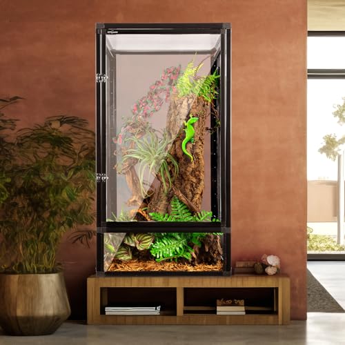 REPTI ZOO 16" x 16" x 30" Front Opening Chameleon Cage with 3-Sided Metal Mesh, 34 Gallon Screen Vertical Terrarium with Background Sticker, Tall Enclosure for Chameleon, Tree Frog, Arboreal Reptiles - size: 16" x 16" x 30"