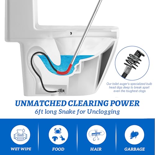 6 Ft Toilet Auger Snake for Unclogging Toilets K-6P 56658 | Heavy Duty Toilet Snake with Bulb Head, Scratch-Free Silicone Protection, Manual Drain Cleaner for Home Bathroom