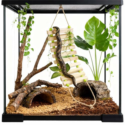 Handmade Wooden Bearded Dragon Climbing Ladder with Artificial Leaves and Moss Leopard Gecko Tank Accessories Bearded Dragon Tank Accessories Hanging Flexible Swing (Green)