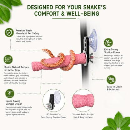 Pink Resin Snake Climbing Branch, 4.1" Gourd-Shaped Reptile Ledge with Strong Suction Cup, Easy to Clean Terrarium Accessories for Corn Snakes and Small Reptiles (3.7 oz)