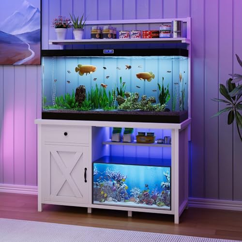 55-75 Gallon Fish Tank Stand with Storage, Aquarium Stand with Shelf, White | 49.2 x 19.7 In Top, Upper Shelf, LED Light, 2 Outlets, 2 USB Ports, Metal Frame Support, Turtle Tank Stand, 1100 LBS - color: White