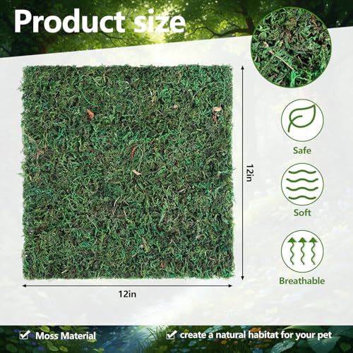 4 Pcs Reptile Carpet 12'' x 12'' Natural Moss Terrarium Bedding Reptile Liner Green Substrate Flooring Cuttable Terrarium Mat Tank Accessories for Bearded Dragon Leopard Snake Tortoise