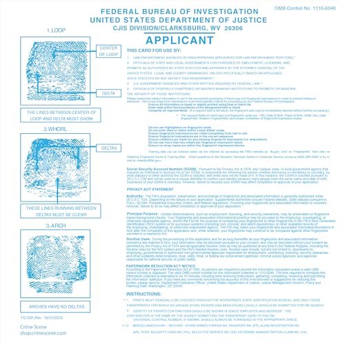 Crime Scene Fingerprint Cards, Applicant FD-258 (Pack of 50)