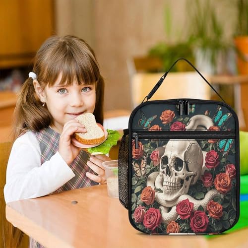 Skeleton Rose Bush Snake And Butterfly Insulated Lunch Bag for Women Men Large Capacity Reusable Lunch Box Leak-Proof Cooler Tote with Front Pocket for Office, Work, Picnic, Travel