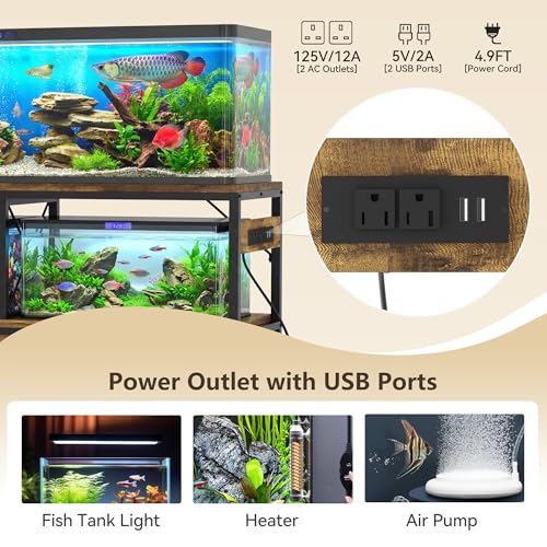 Heybly 55-75 Gal Fish Tank Stand with Drawer, Power Outlet, Rustic HAS005SR | Aquarium Stand, Heavy Duty, for Fish Tank, Turtle & Reptile Terrarium, 48" L × 18.1" Top, 660lbs (Top)+400lbs(Mid) - color: Rustic Brown, size: 55-75 gal