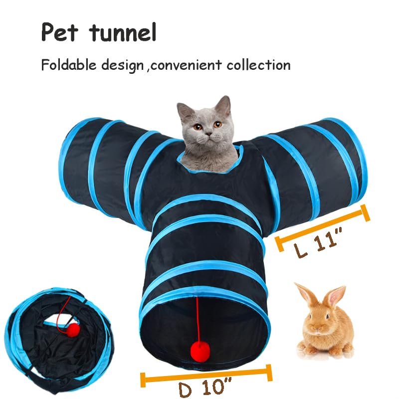 3-Way Collapsible Cat Tunnel Tube Toy Black Blue | Interactive Tunnel with Hanging Ball & Peek Hole for Indoor Cats, Kittens, Puppies, Rabbits | Hours of Fun & Exercise - color: Black Blue