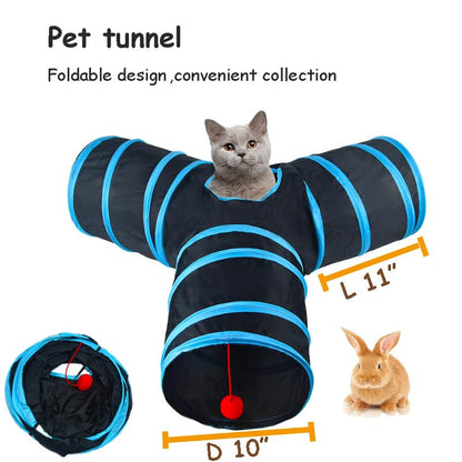 3-Way Collapsible Cat Tunnel Tube Toy Black Blue | Interactive Tunnel with Hanging Ball & Peek Hole for Indoor Cats, Kittens, Puppies, Rabbits | Hours of Fun & Exercise - color: Black Blue