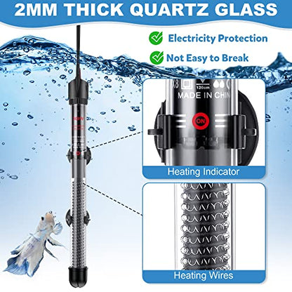 Dreyoo 2 Set 300W Submersible Aquarium Heater with 4 Thermometer Stickers | Adjustable Aquarium Fish Tank Heater with Suckers, Adjustable Knob Thermostat for Marine Saltwater and Freshwater