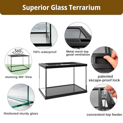 Reptile Glass Tank Starter Kit 16"x11"x11" Full View Reptile Terrarium for Leopard Gecko,Tarantula,Lizards,Spiders, Hermit Crabs,Frogs,Snake and Fish with Tank Accessories and Top Openning Door - size: 16"W x 11"D x 11"H
