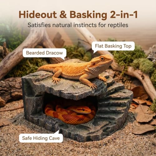 XL Resin Reptile Cave Hideout and Rock Basking Platform | Terrarium & Aquarium, For Reptiles & Amphibians, Natural Rock Texture, Hideout & Basking Spot, Fish Tank Compatible