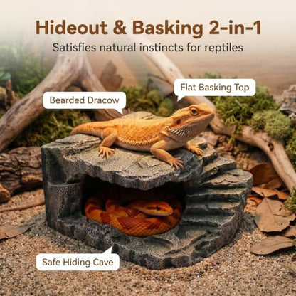 XL Resin Reptile Cave Hideout and Rock Basking Platform | Terrarium & Aquarium, For Reptiles & Amphibians, Natural Rock Texture, Hideout & Basking Spot, Fish Tank Compatible