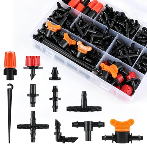RedChili 240 Pack Drip Irrigation Fittings Kit for 1/4" Tubing, Include Misting Nozzles, Drippers, Stakes, Flat Tees, Single Barbs, Couplers, Valves, Tees, Elbows, Plugs, Crosses for Garden Irrigation - size: 1/4" Connection Kit-240P