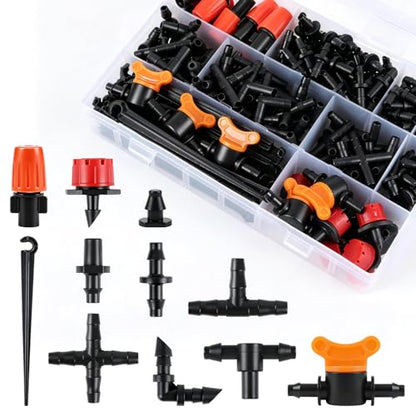 RedChili 240 Pack Drip Irrigation Fittings Kit for 1/4" Tubing, Include Misting Nozzles, Drippers, Stakes, Flat Tees, Single Barbs, Couplers, Valves, Tees, Elbows, Plugs, Crosses for Garden Irrigation - size: 1/4" Connection Kit-240P