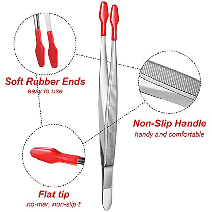 Lasnten 2 Pieces Rubber Tipped Tweezers Forceps Silicone Coated Soft Tweezers Rubber Steel Forceps Non Marring Flat Tip Lab Industrial Hobby Craft Tools, Black and Red, 5.91 Inch