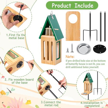 New Upgraded Butterfly House and Feeder for Outside Wooden Butterfly House | with Metal Stake for Garden Backyard, Natural Butterflies Habitat with Puddler on Floor or Hanging on Tree Wall