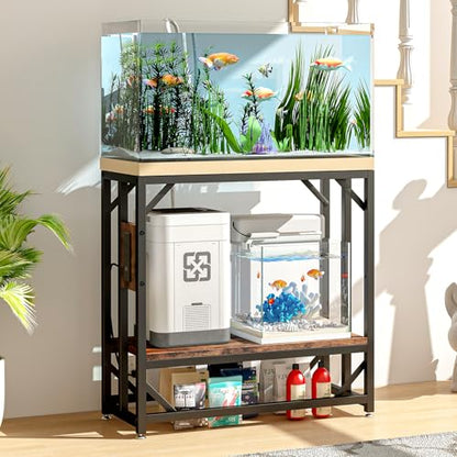 20-29-37 Gallon Fish Tank Stand with Power Outlet,Adjustable Aquarium Stand, Heavy Duty Terrarium Stand,Metal Frame Reptile Turtle Tank Stand Suitable for Home Office,600LBS Capacity, Rustic Brown - color: Rustic Brown, size: 20-29-37 Gallon