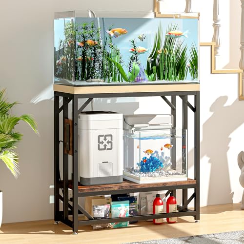 20-29-37 Gallon Fish Tank Stand with Power Outlet,Adjustable Aquarium Stand, Heavy Duty Terrarium Stand,Metal Frame Reptile Turtle Tank Stand Suitable for Home Office,600LBS Capacity, Rustic Brown - color: Rustic Brown, size: 20-29-37 Gallon
