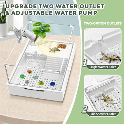 GOZILLA Small Turtle Tank Kit+Water Pump+Lamp, Acrylic Turtle Tank Starter Kit with Adjustable 5W Water Pump and Timing/Dimming Lamp, Multi-Functional Area for Small Turtles(White Kit). - color: White Kit