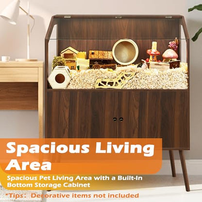 PROLEE Hamster Cage with Storage Cabinet,Large Hamster Encloure Chew Proof Wood,Clear View Hamster Habitat for Guinea Pig, Ferret, Rat, Hedgehog，47“ X 40” X 20“ (Walnut) - color: Walnut