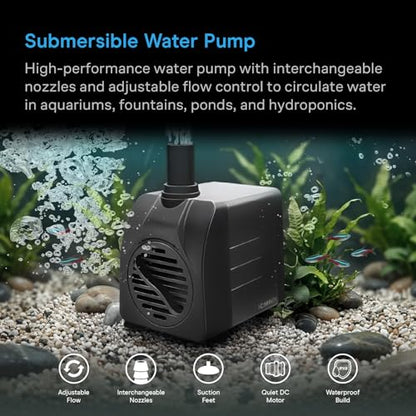 AC Infinity 150 GPH Submersible Water Pump (568 L/H, 8W) | Ultra Quiet Fountain Pump w/ 3 ft High Lift, 5 ft Power Cord, for Fish Tanks, Aquariums, Fountains, Statuaries, Ponds, Pools - size: 150 GPH