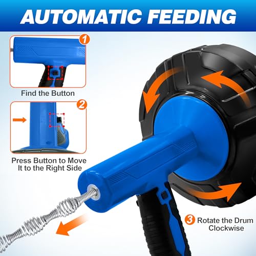 Drainsoon Auto Feed Drain Auger with Drill Adapter, 33 Feet Drain Snake Hair Clog Remover, Manual or Powered Plumbing Snake Drain Cleaner for Bathroom, Shower, Kitchen Sink, Comes with Gloves - color: Blue