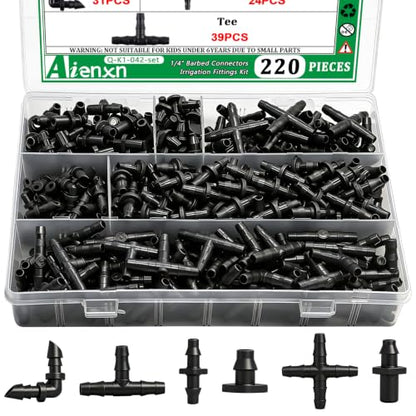 220PCS 1/4" Drip Irrigation Kit Barbed Connectors, Straight Barb, Tee, Single Barb, End Plug, Elbow, 4 Way Coupling Irrigation Fittings for Garden Lawn Flower Pot - size: 220PCS- Barbed Connectors