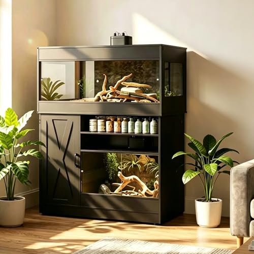 Dual Reptile Tank with Stand 120 Gallon & 60 Gallon Terrarium | Reptile Enclosure with Power Outlet for Bearded Dragons Snakes Lizards Chameleon Gecko Sliding Acrylic Doors Mesh CAGE004H - color: Black, size: 120 gallon+60 gallon