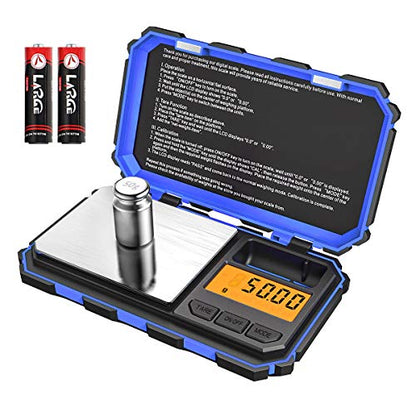 (Upgradaed) Digital Mini Scale, 200g /0.01g Pocket Scale, 50g Calibration Weight, Electronic Smart Scale, 6 Units, LCD Backlit Display, Tare, Auto Off, Stainless Steel (Battery Included) - color: Blue