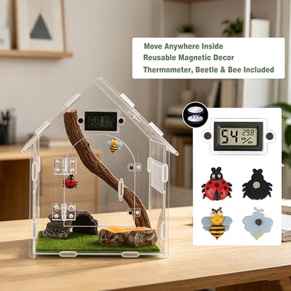 9-in-1 Acoustic Jumping Spider Enclosure Kit, 8"x8"x12" Magnetic Door with Feeding Hole Terrarium for Praying Mantis Tarantula Arboreal Reptile Habitat, Complete Accessories Set