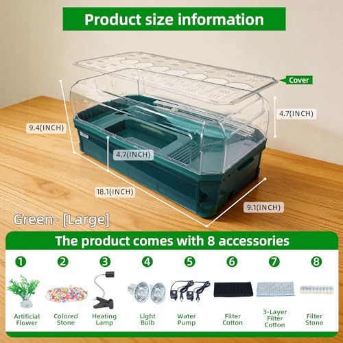 17.8 Inch Turtle Tank Kit with 3-Stage Filter, Basking Platform & Heat Lamp | Turtle Aquarium Habitat for Water Turtles, Enclosure or Hermit Crab Tank, Easy Drain Starter Kit Green - color: Green, size: 17.8x9x9.3 Inch