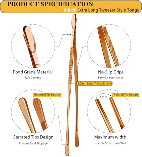 JETKONG 2 Pcs 16-Inch Extra-Large Kitchen Tweezers and Tongs - Giant Stainless Steel Food Tweezers - Rose Gold - color: Rose Gold, size: 16+16 Inch
