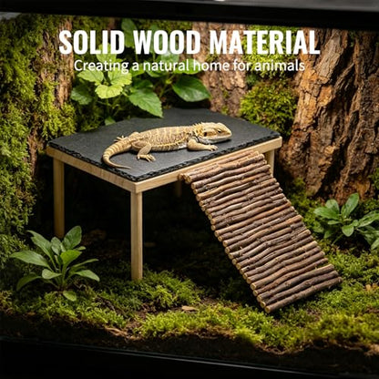 Basking Rock Platform with Climbing Ramp Slate Painted Glossy Black Platform Reptile Resting Area Bearded Dragon Hiding Burrow Reptile Tank Accessory for Tortoises Lizards Toads Geckos