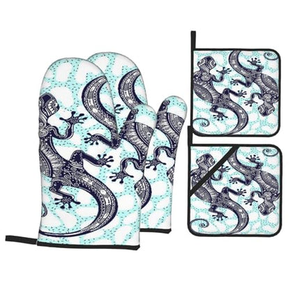 Gecko Lizard Abstract Reptile Animal 4-Piece Oven Mitts and Handle Covers Set - Heat Resistant Baking Gloves for Kitchen BBQ Grilling
