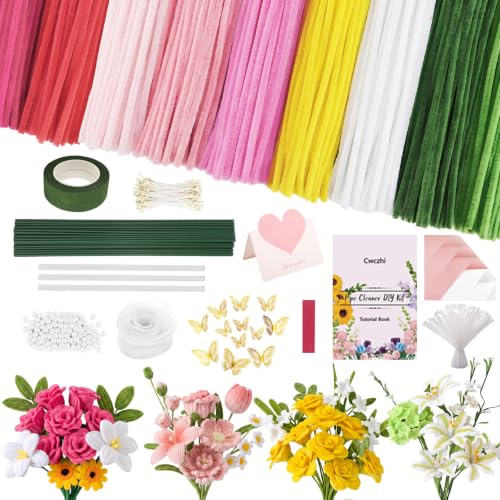 Cwczhi 600 PCS Pipe Cleaners Craft,9 Assorted Colors Pink Pipe Cleaner Flower Kit,Chenille Stems Bulk with Instructions,Floral Wires,Stamen,Wrapping Paper& Ribbon,Art and Craft Supplies - color: pink-1