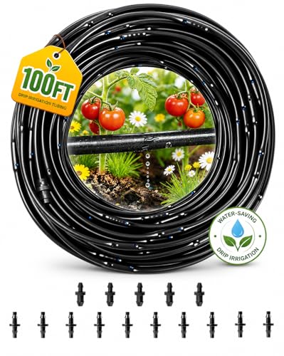 1/4 Drip Irrigation Tubing 100FT, Built-in 0.5 GPH Emitters, 6 Inch Spacing | Root-zone watering helps reduce runoff and waste; included fittings and end plugs support raised beds, rows and greenhouses. - size: 100FT