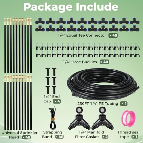 230FT Drip Irrigation System for Garden: 40 Nozzles 1/4" PE Tubing Automatic Watering Kit Adjustable Misting Sprinkler Mister Hose for Water Plants Tape Raised Beds Lawn Outdoor Yard Greenhouse - size: 230FT