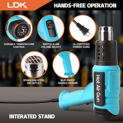 LDK Heat Gun, Heavy Duty Heating Gun Variable Temperature Control | 1.5s Fast Heating 140°F~1100°F Hot Air Gun Kit with 4 Nozzles for Crafting Shrink Tubing Vinyl Wrap - color: Blue 2000w
