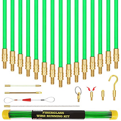 21 Feet Fiberglass Fish Tape Cable Rods, Electrical Wire Running Pull/Push Kit with Hook and Hole Kit Glow Rod, Hook Hole, Green - size: 21FT