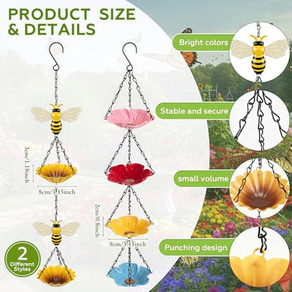 Tandefio 2 Pack Hanging Bee Watering Station for Outdoor Garden, Butterfly Feeder with Flower Bowl, Pollinator Feeding Station for Yard Patio, Bee Bath for Gardeners(Bees & Flower Style) - style: Bee & Flower Style