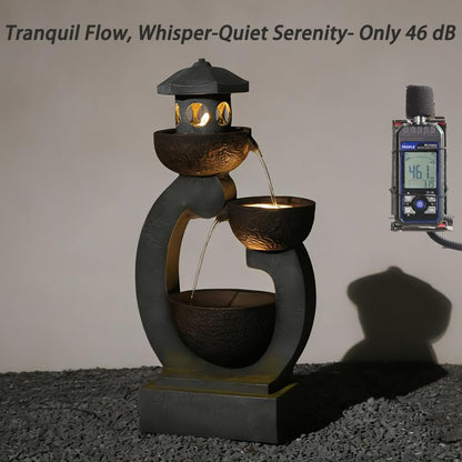 Tankana Water Fountain Outdoor Zen Feature - Garden Tranquil Pagoda Waterfalls Fountains Bowl with LED Lights & Pump for Patio Yard Porch Pool, Gray, 35.5 inches