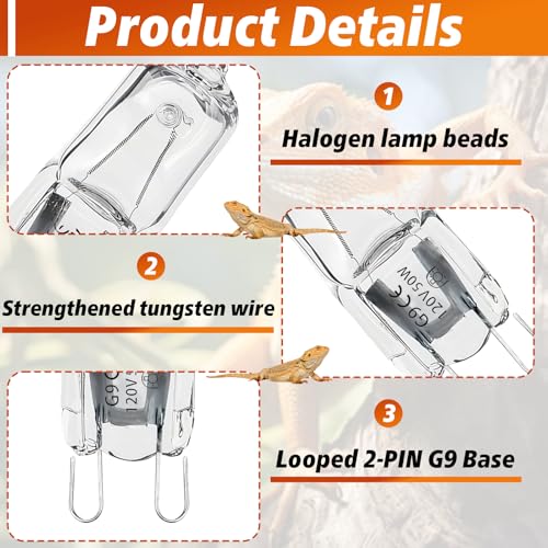 8 Pcs G9 Halogen Bulb 50W, Reptile Heat Lamp for Bearded Dragon/Gecko | Provides Essential Basking Heat, Simulate Natural Sunlight for Day/Night Cycle, Durable for Long-Term Daily Use, Mini G9 Base