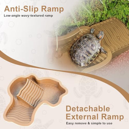 3PCS Tortoise Water Dish with Leaf Reptile Food Dish, Brownish | Anti-slip Reptile Bathing Pool with Ramp, Smooth Tortoise Water Dish Turtle Pool for Lizard Gecko Snake Frog Amphibians - color: Brownish Yellow
