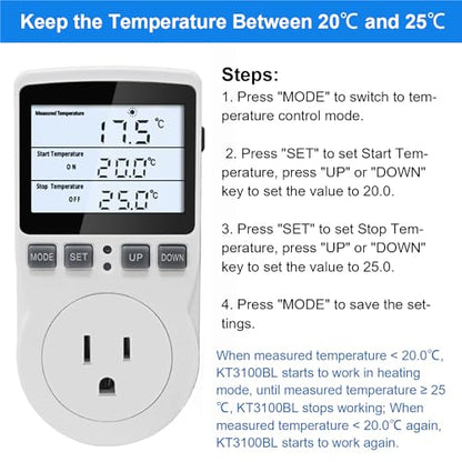 KETOTEK Digital Temperature Controller Thermostat Outlet Plug 120V with LCD Backlight, Heating Cooling Temperature Controlled Outlet 110V 15A with 3m Sensor - style: Backlit Style