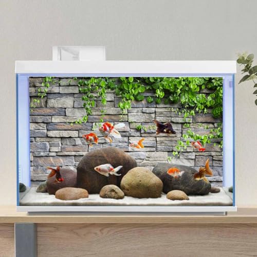 24x12 in Stone Brick Wall Aquarium Backdrop Leaves Fish Tank Background | AWERT Rock Green Leaves Terrarium Background Vinyl - size: 24x12in/60x30cm