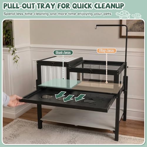 Large Tortoise Habitat with Adjustable Lamp Stand, Wooden & Plastic Turtle Enclosure with Viewing Window, Pull-Out Tray, Storage Shelf, 2-Room Indoor Outdoor Reptile House for Tortoises & Small Pets - size: 40.3"L x 22.8"W x 34.2"H