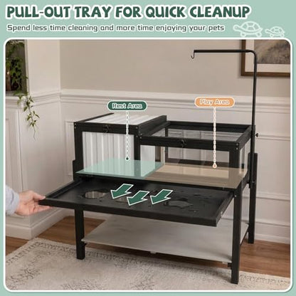 Large Tortoise Habitat with Adjustable Lamp Stand, Wooden & Plastic Turtle Enclosure with Viewing Window, Pull-Out Tray, Storage Shelf, 2-Room Indoor Outdoor Reptile House for Tortoises & Small Pets - size: 40.3"L x 22.8"W x 34.2"H