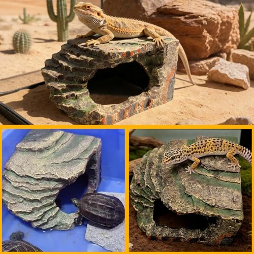 kathson Small Turtles Basking Platform,Resin Reptile Hideouts Cave Habitat Decor,Tortoise Hide Cave with Climbing Ramp Step,Bearded Dragons Hide Basking Rocks Accessories for Lizard,Gecko,Frog