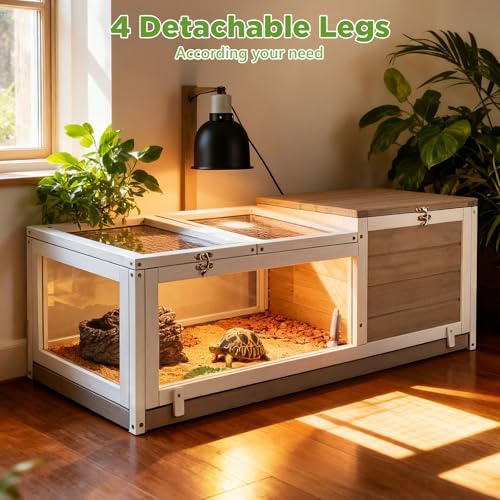Standing Tortoise Habitat with Lamp Holder in Indoor & Outdoor, Wooden Turtle Enclosure Table with Detachable Legs, Leakproof Tray, Openable Roof for Tortle, Lizard, Chameleon, Grey