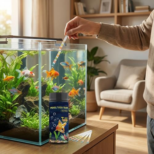 7-in-1 Pond & Fish Tank Test Strips - 50 Count | Fast 30s Water Test Kit for Carbonate, pH, Hardness, Chlorine, Nitrate, Nitrite | Freshwater & Saltwater Aquariums